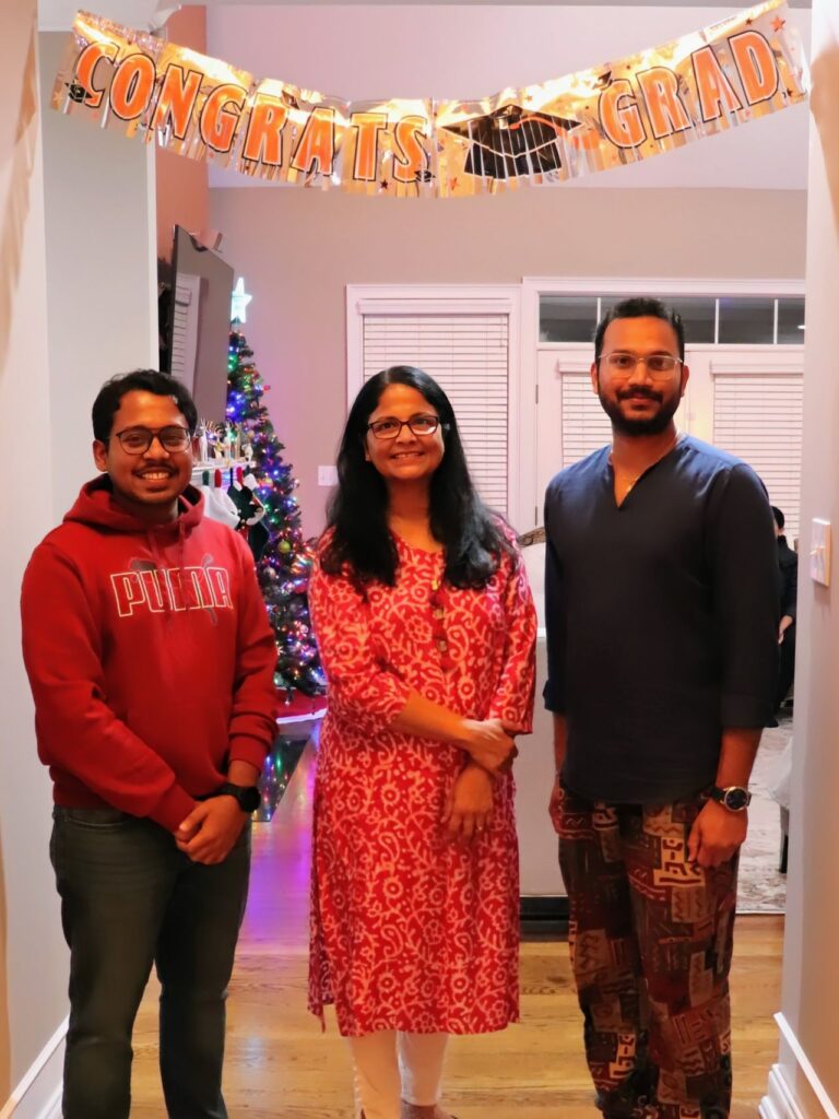 A photo of master's graduate Rahul Chandra (Left), Dr. Sindhu Jagadamma (Center), and Dr. Ravi Teja Neelipally (Right)
