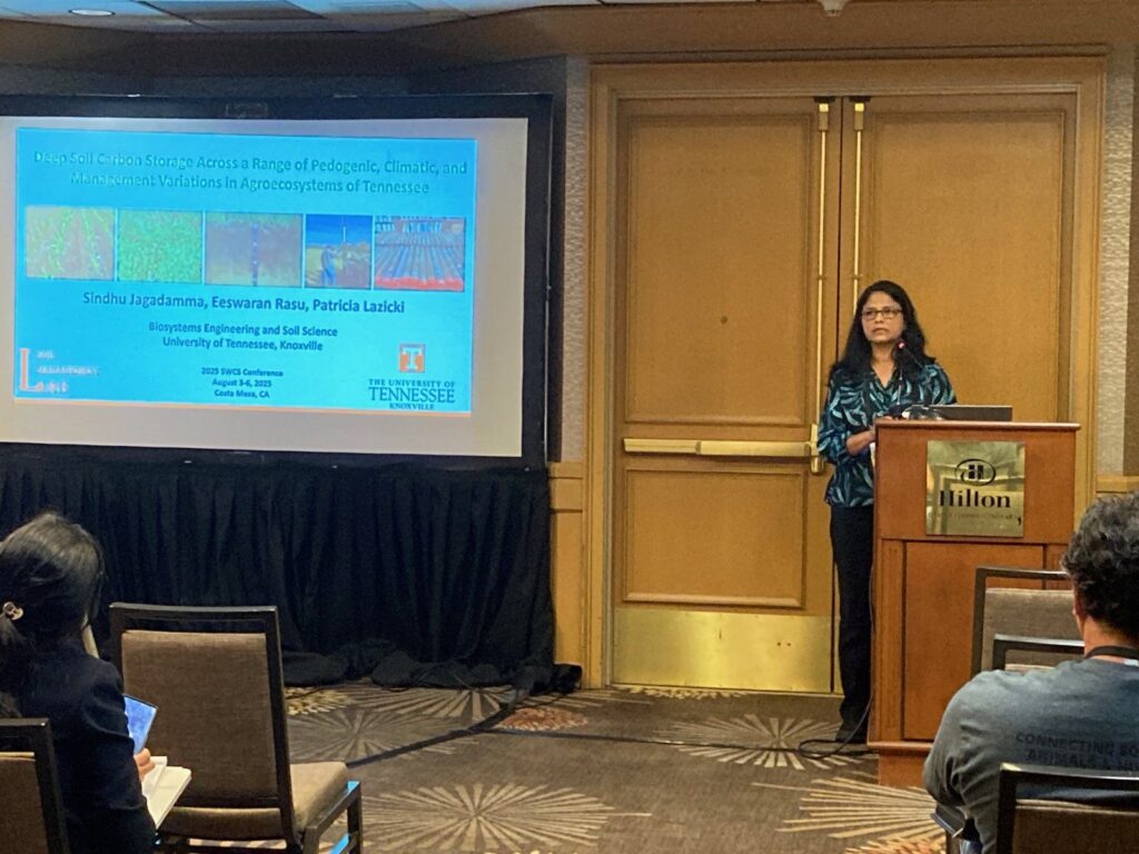 This photo features Dr. Jagadamma giving a presentation on Deep Soil Carbon Storage Potential in Tennessee.