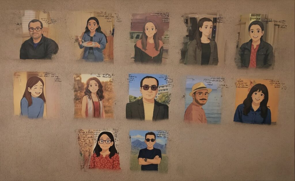 The photo presents the Ghibli-style art of current lab members in the soil management lab