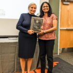 Dr. Jagadamma with her 2021-2022 Biosystems Engineering and Soil Science Outstanding Research Faculty award, pictured with Department Head Dr. Julie Carrier