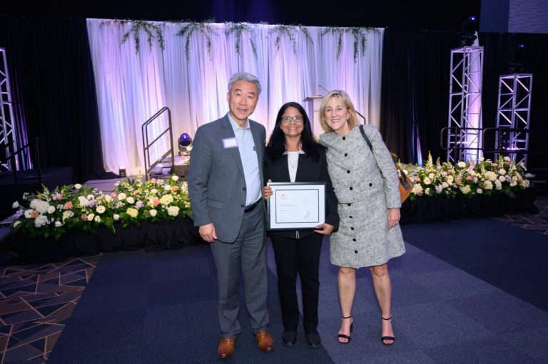 Dr. Jagadamma with her award pictured with UT AgResearch Dean Dr. Honwei Xin and UT Chancellor Donde Plowman