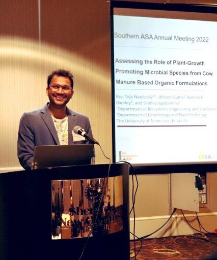Ravi Teja Neelipally pictured delivering a presentation at UTK's Department of Entomology and Plant Pathology meeting. 