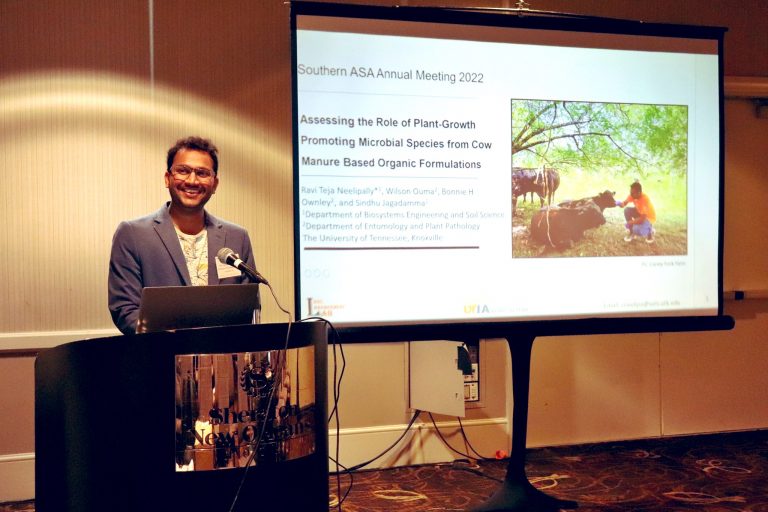 Ravi Teja Neelipally pictured delivering a presentation at UTK's Department of Entomology and Plant Pathology meeting.