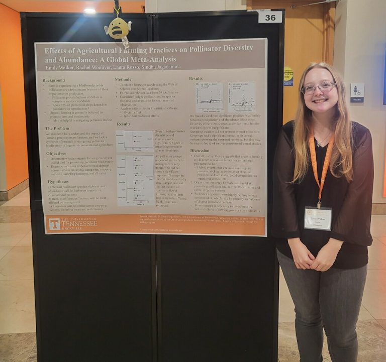 Emily Walker standing beside her poster presentation at the 2022 UTK Discovery Day event.