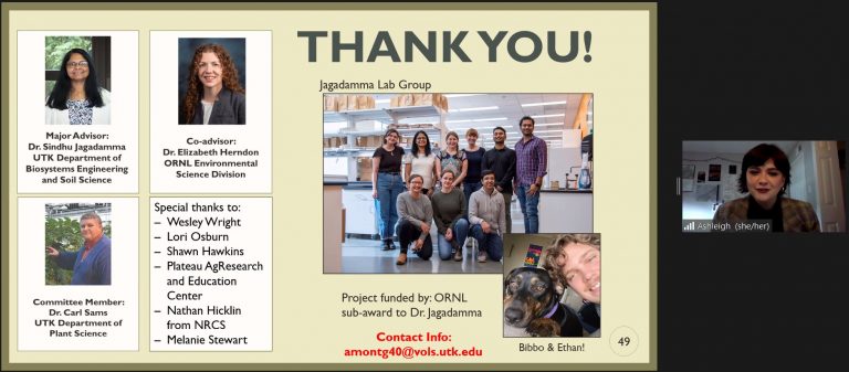 Ashleigh Montgomery screen capture photo from Zoom presentation for her MS Thesis dense, along with slide showing her Advisory Committee.