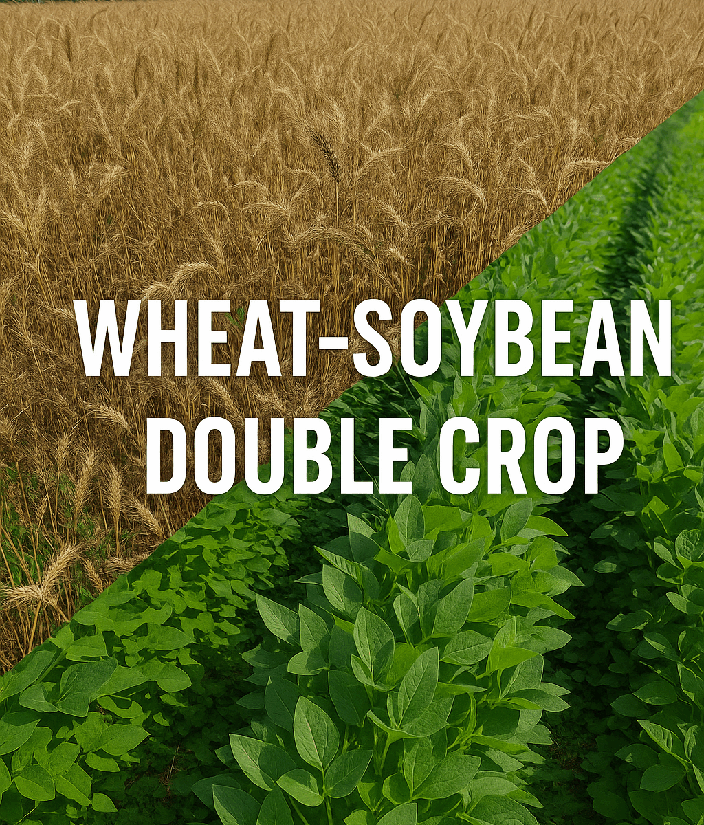 Image presents as a cover photo of wheat and soybean, with the text of wheat-soybean double crop.